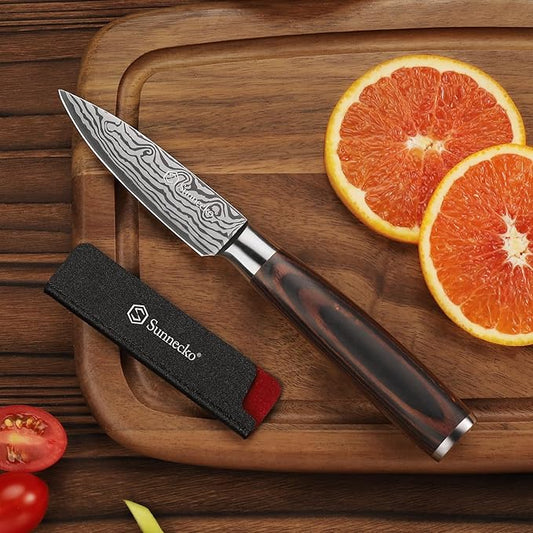 Sunnecko Small Kitchen Knife 3.5 Inch Paring Knife High Carbon Stainless Steel Fruit Knife with Wood Handle, Sharp Knife for Cutting Tomatoes with Gift Box