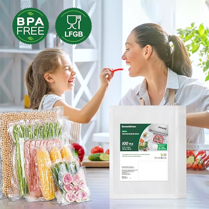Bonsenkitchen Precut Vacuum Sealer Bags, 100 Gallon 11" x 16" Food Sealer Bags, Food Grade, BPA Free, Heavy Duty, Customized Vacuum Bags for Vac Storage, Meal Prep or Sous Vide Cooking, VB3214