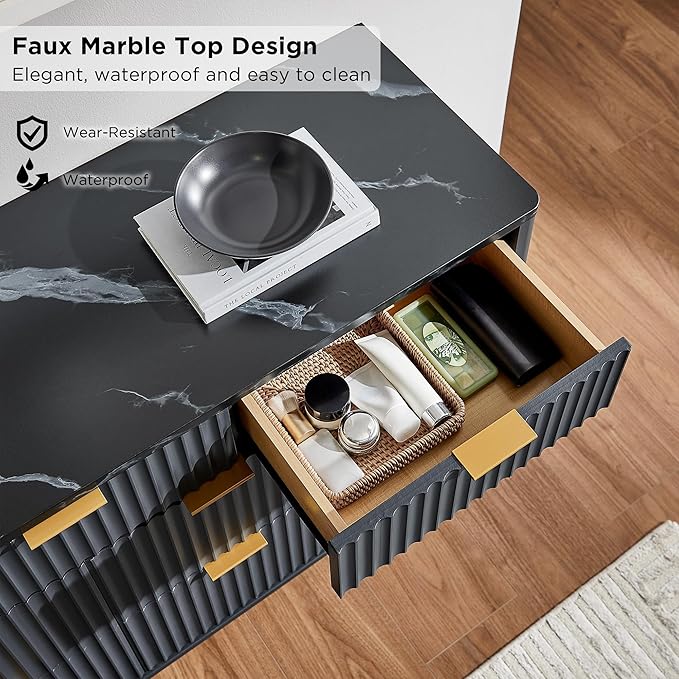 T4TREAM Fluted 7 Drawers Dresser, 54" Wide Modern Chest of Drawers with Faux Marble Top, Curved Profile Design, Dresser TV Stand, Wood Drawer Organizer for Bedroom, Living Room, Hallway, Dark Grey