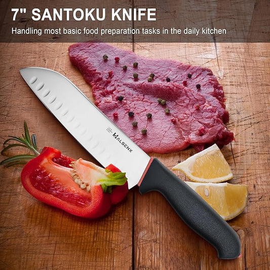 Santoku Knife 7 Inch With 1.4116 German Steel and Non-Slip Softgrip Handle, Razor-Sharp Stain Free Blade, Multi-Purpose Kitchen Knife for Vegetable Chopping, Precise Dicing, Meat Slicing