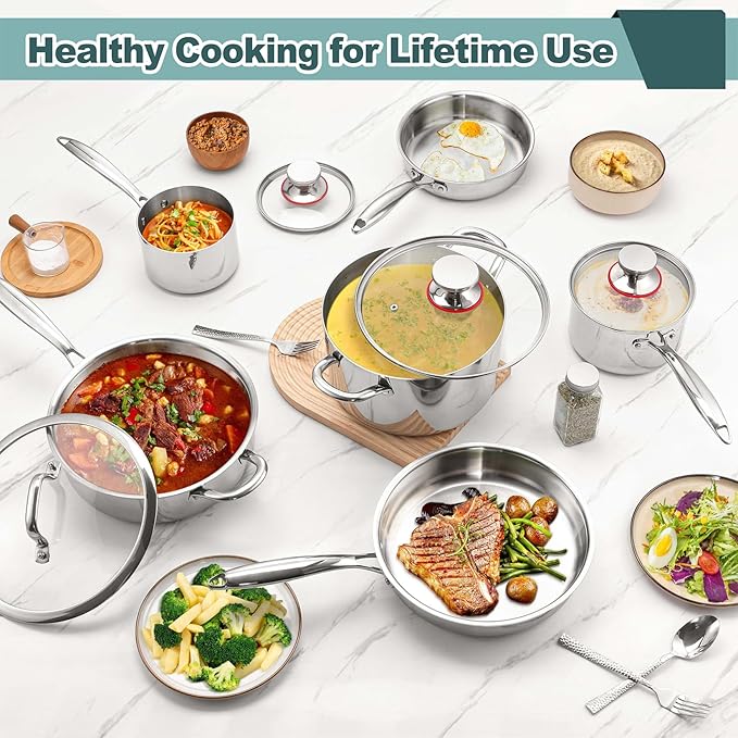 P&P CHEF 10 Pcs Pots and Pans Set, Stainless Steel Cookware Sets for Kitchen, Induction Cookware Non-toxic Kitchen Cooking Set w/Fry Pans, Saucepans, Stockpot, Saute Pan, Dishwasher Safe