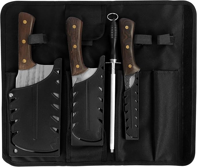 FULLHI Butcher Knife Set with Kitchen Shears, Hand Forged Chef Boning Knife With Scissors High Carbon Steel Carving Fish Chef Knife For Kitchen, Camping, BBQ