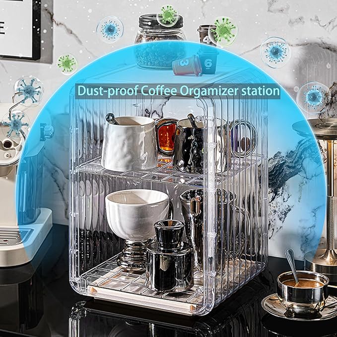 Coffee Bar Organizer for Countertop - 2 Tier,Mug & Coffee Cup, K Cup Pod Storage Shelf, Multifunctional Kitchen Cabinet organizer for Coffee Bar & Kitchen Condiments (Grey, Medium)