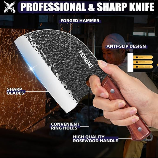 MDHAND Butcher Knife Set, 4PCS Hand Forged Butcher Chef Knife Set with Gift Box, Meat Cutting Knife for Kitchen, Bone Chopper Knives & Viking Knives for Home & Camping & Outdoor, BBQ Gift for Men