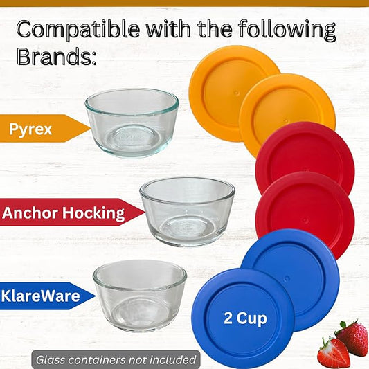 2 Cup/470 mL Orange, Red, Blue Replacement Lids/Covers for Pyrex 7200-PC, 2 Cup/16oz Anchor Hocking & Klare Ware Storage Bowls *Lids Only* - *Glass Container Not Included* (6 Pack, Orange, Red, Blue)