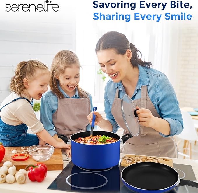 SereneLife Kitchenware Pots & Pans Basic Kitchen Cookware, Black Non-Stick Coating Inside, Heat Resistang Lacquer (11 Piece set), One Size, Blue