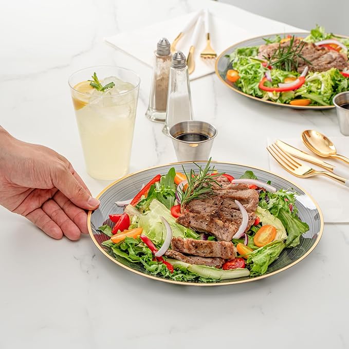 Restaurantware Plastic Plates 20 Pcs 10" Gold Rimmed Disposable Plates Heavy-Duty Black Translucent Rippled Plastic Dinner Servers for Party, Weddings, Salads, Desserts, and Appetizers