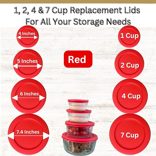 1, 2, 4 & 7 Cup Red Replacement Lids/Covers for Pyrex, Anchor Hocking & KlareWare Storage Bowls *Lids Only Glass Container Not Included* (8 Pack *Two of Each Size*)
