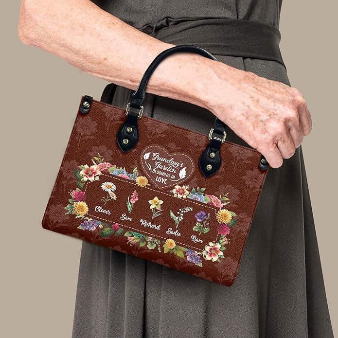 THUYPT Personalized Birth Flower Leather Bag for Mom, Women Faux Leather Handbags with Ziplock, Mother's Day Gifts