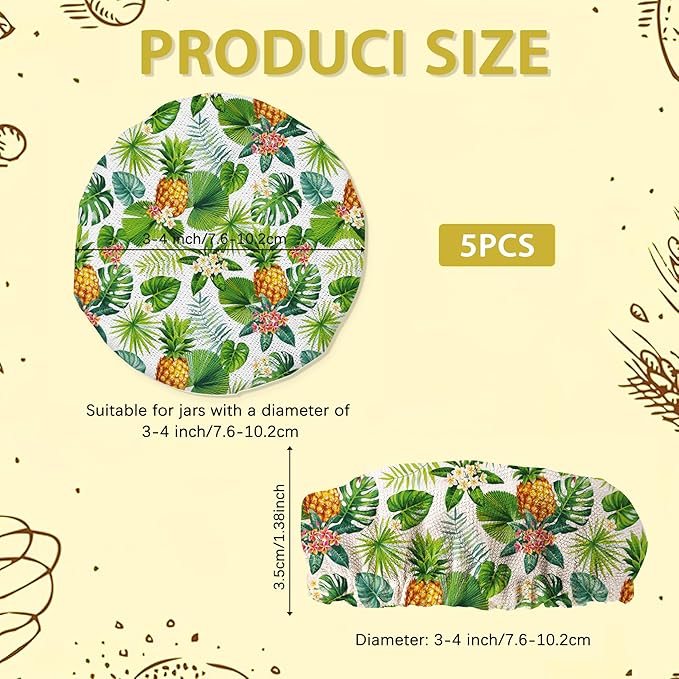 Tropical Palm Leaves and Pineapples Sourdough Jar Cover Reusable Cloth Lid for Sour Dough Starter Jar,5 Pack Bread Fermentation Container Tops Elastic Fabric Caps