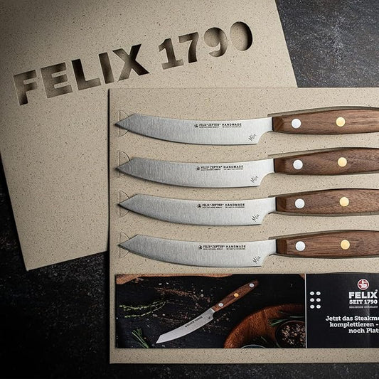 Zepter Felix MIU non serrated steak knives set of 4. High-carbon ice-hardened Solingen steel, professional handmade German cookware. Chef handle, steak knife set without block: 4 filet/dinner knives