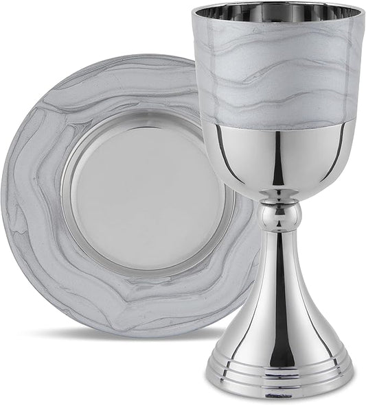 Zion Judaica 5.75" Luxurious Kiddush Cup Set Gift Boxed Polished Nickel Plated with Silver Enamel Elegant Wine Cup Goblet & Matching Tray Stunning Shabbat, Yom Tov, Passover Seder Décor