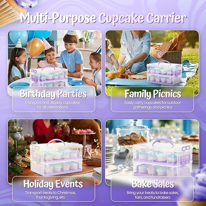 Flexzion Cupcake Carrier, Cupcake Holder for 24 Cupcakes, Portable and Reusable Rectangular Cake Carrier with Lid and Handle, 2 Tier Stackable Layer Insert (Purple)
