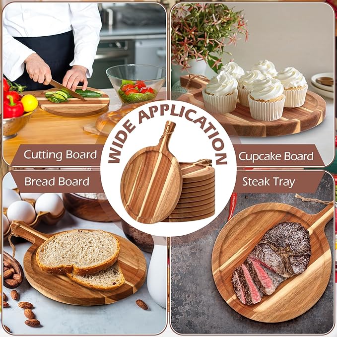 Tanlade 12 pcs Wood Cutting Board Bulk Round Wooden Serving Tray with Handle Acacia Chopping Boards Kitchen Charcuterie Paddle for Pizza Bread Cheese Fruit Vegetables