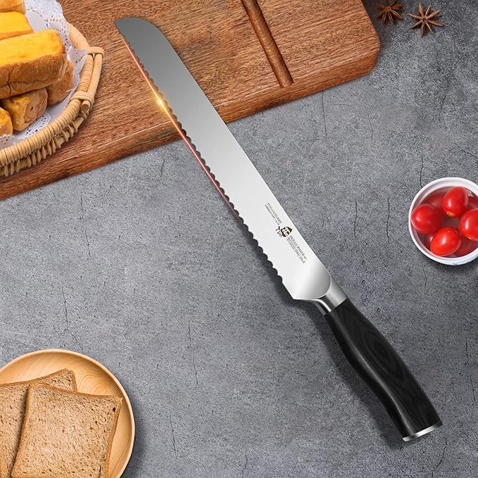 TUO Bread Knife, 9 inch Serrated Knife for Slicing Homemade Sourdough Bread,German HC Steel,Easy Grip Pakkawood Handle, Gift Box, Fiery Phoenix Series - Black