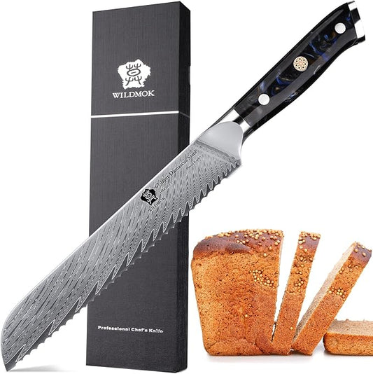 WILDMOK Damascus Serrated Steel Bread Knife, 8 inches Serrated Bread Knife, Ergonomic Full Tang Resin Handle, Razor Sharp Beautiful Damascus steel feather pattern with Luxury Gift Box