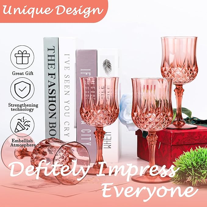Plastic Wine Glasses,Plastic Goblets Vintage Style Cordial Drinking Glasses for Wedding Reception, Grand Event Party Supplies (24, Rose Gold)