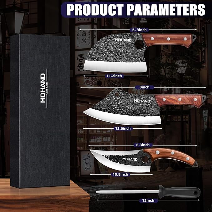 MDHAND Butcher Knife Set, 4PCS Hand Forged Butcher Chef Knife Set with Gift Box, Meat Cutting Knife for Kitchen, Bone Chopper Knives & Viking Knives for Home & Camping & Outdoor, BBQ Gift for Men