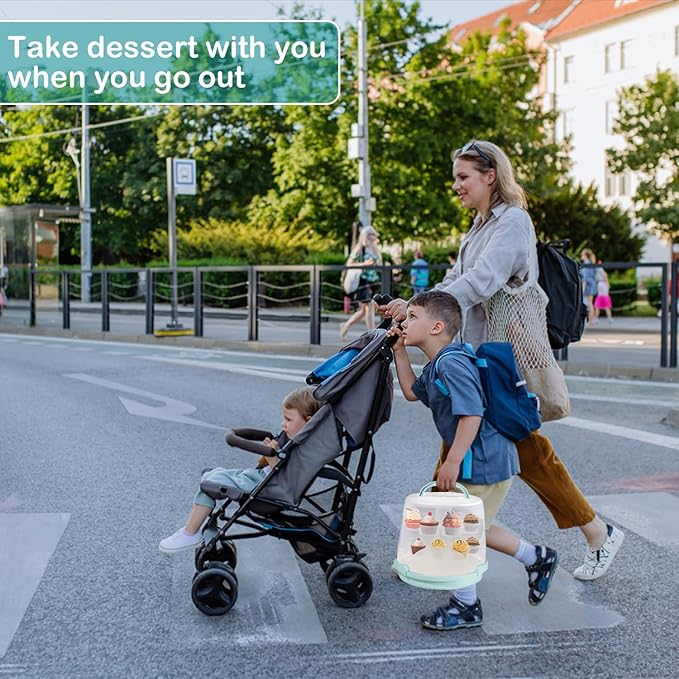 Cake Carrier Round Cake Stand Plus Height Cake Container with Cupcakes Pad, Handle, Lid Reusable Package Box for Transporting Desserts,Pie,Toast,Fruit (10" Blue)