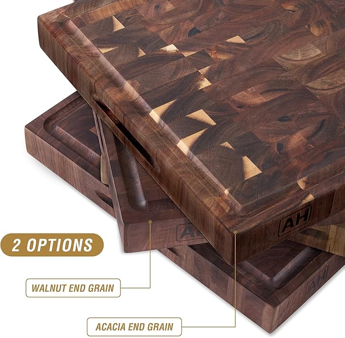 AZRHOM Large Thick End Grain Acacia Wood Butcher Block 17x13x1.5 in Wood Cutting Board for Kitchen with Non-slip Mats Juice Groove & Handles (Gift Box)