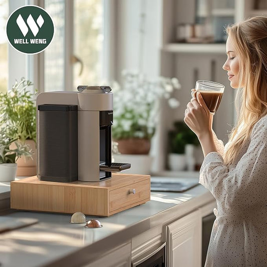 for Nespresso Vertuo Capsules (NV145) - Premium Bamboo Coffee Pod Drawer, 45 Big or 60 Small Vertuoline Pods Organizer - 13.25"Wx14"Dx3.9"H (Natural)