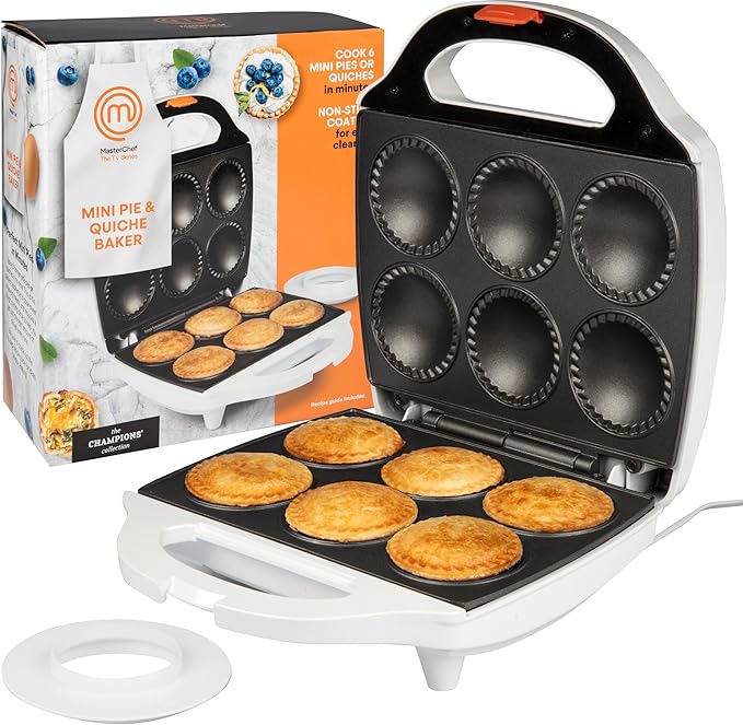 MasterChef Mini Pie & Quiche Maker- Thanksgiving Pie Baker Cooks 6 Small Pies or Quiches in Minutes- Non-stick Cooker w Dough Cutting Circle for Easy Measurement & Filling, Fall Cooking Must Have Gift