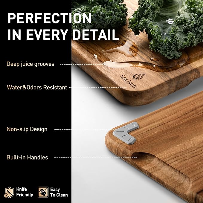 Teak Wood Cutting Board Set for Kitchen High-End Non Toxic Non Slip Over Sink Solid Thick Wood Haus Chopping Board Extra Large Big Small Best Kitchen Essential House Warming Hostess Host Gift