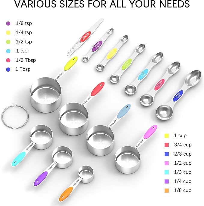 TILUCK Measuring Cups and Spoons Set, Stainless Steel, Kitchen Utensils for Cooking and Baking (13, Colorful)