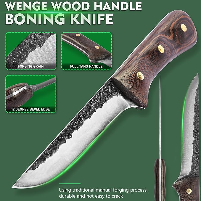 FULLHI Butcher Knife Set with Kitchen Shears, Hand Forged Chef Boning Knife With Scissors High Carbon Steel Carving Fish Chef Knife For Kitchen, Camping, BBQ