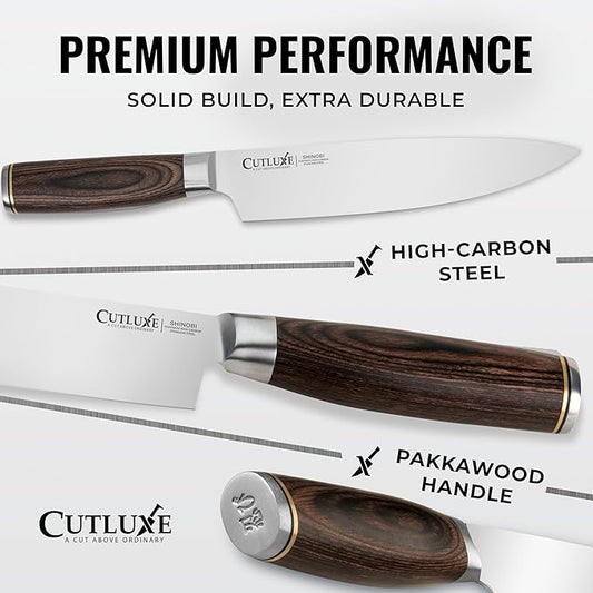 Cutluxe 3-Piece Chef Knife Set – Ultra Sharp Japanese Kitchen Knives, High Carbon Stainless Steel Blades, Full Tang Pakkawood Handles – Shinobi Series