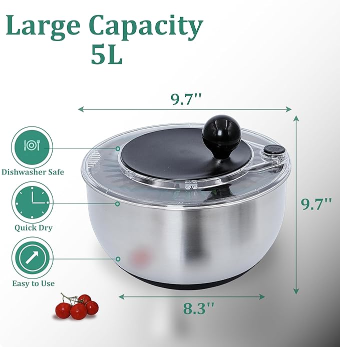 Stainless Steel Salad Spinner Large 5.28Qt - Lettuce Spinner With Strainer - Salad Spinners Best Rated For Home Kitchen Washing - - Includes Vegetable Slicer.