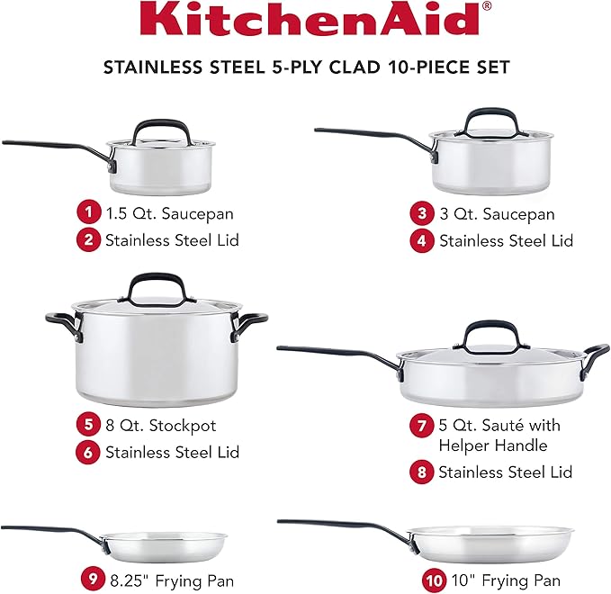 KitchenAid 5-Ply Clad Polished Stainless Steel Cookware Pots and Pans Set, 10 Piece