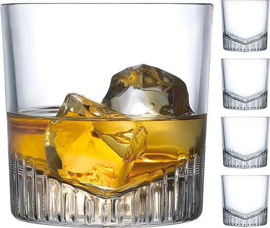 NUDE Whiskey Glasses Set of 4 – Caldera 11 oz Lead-Free Crystal Old Fashioned Rocks Glasses for Whisky, Scotch & Bourbon – V-Shape Motif Base, Dishwasher Safe Barware
