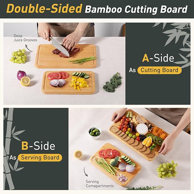 2 Packs Natural Wood Cutting Board Set Non Toxic Bamboo Cutting Boards with Juice Groove Wooden Chopping Board Ideal Charcuterie for Meat Fruit Vegetables Cheese Hardwood Kitchen Counter Kit