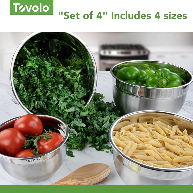 Tovolo Stainless Steel Mixing Bowls, Set of 4 - Metal Nesting Mixing Bowl Set with Rounded Lip for Easy Pour & Minimal Mess - Large & Small Dishwasher Safe Kitchen Supplies for Prep & Cooking