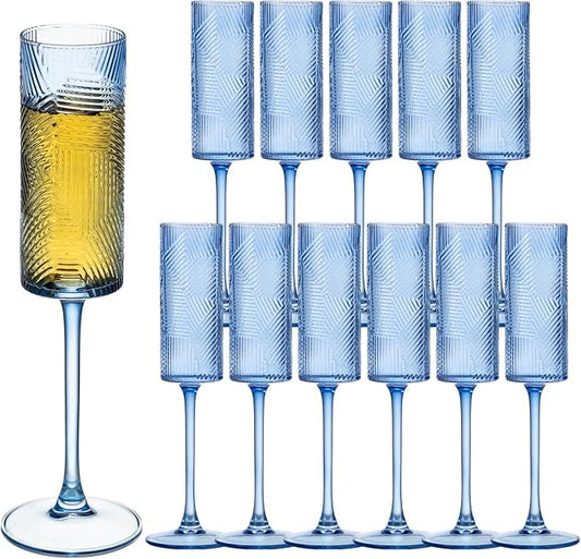 12 Pieces Blue Champagne Flutes,6 OZ Twill Pattern Striped Vintage Stem Glasses Stemware Wine Glasses Champagne Long Stem Drinking Colored Glasses Goblets for Wedding Cocktail Cups,Cava, Prosecco