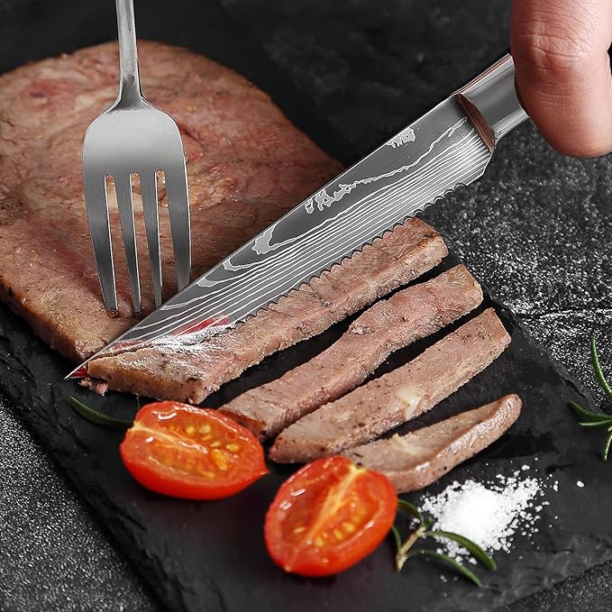 Serrated Steak Knife Set - 4pcs Premium 4.5 inch Kitchen Cutting Steak Knives, German Stainless Steel Knife Professional Table Dinner Knife with Pakkawood Handle for Home Restaurant, Gift Box