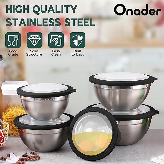 Onader Stainless Steel Mixing Bowls with Black Lids, Metal Nesting Mixing Bowl Set of 5 - Size 1.5, 2, 2.6, 3.5, 4.6QT