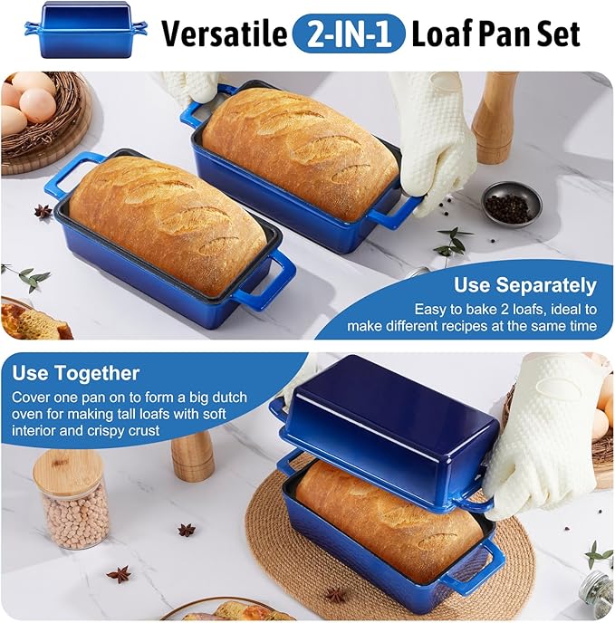 P&P CHEF 2 In 1 Enameled Cast Iron Loaf Pan with Lid, 9 x 5 Inch Bread Loaf Pans for Baking Homemade Sourdough Bread, Meatloaf, Toast, Cake, Nonstick & Healthy & Sturdy, 2 Piece Set - Blue