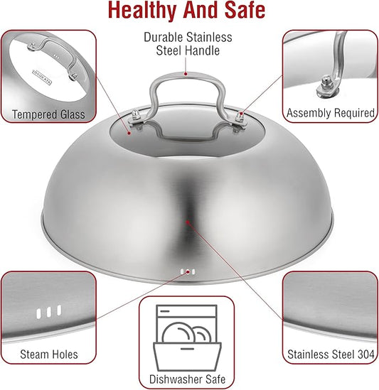 YOSUKATA Wok Lid 11.4 In - Premium Stainless Wok Cover with Tempered Glass Insert Steam Holes and Ergonomic Handle - Durable Wok Accessories - Dishwasher-Safe Lid for 11.8-In Wok - Chees Melting Dome