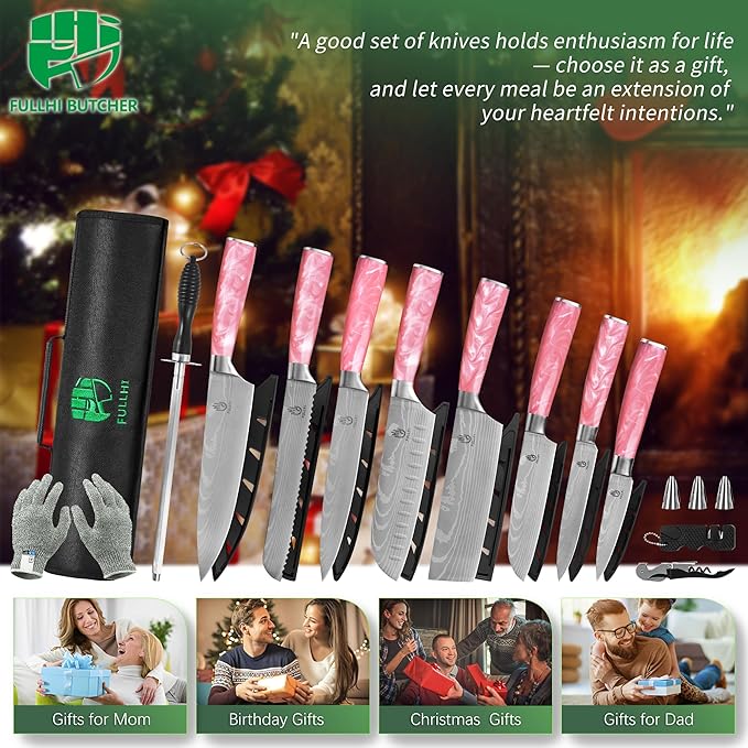 FULLHI Knife Set, 14pcs Japanese Knives Set, Multiple Colour Premium German Stainless Steel Chef Knife Set