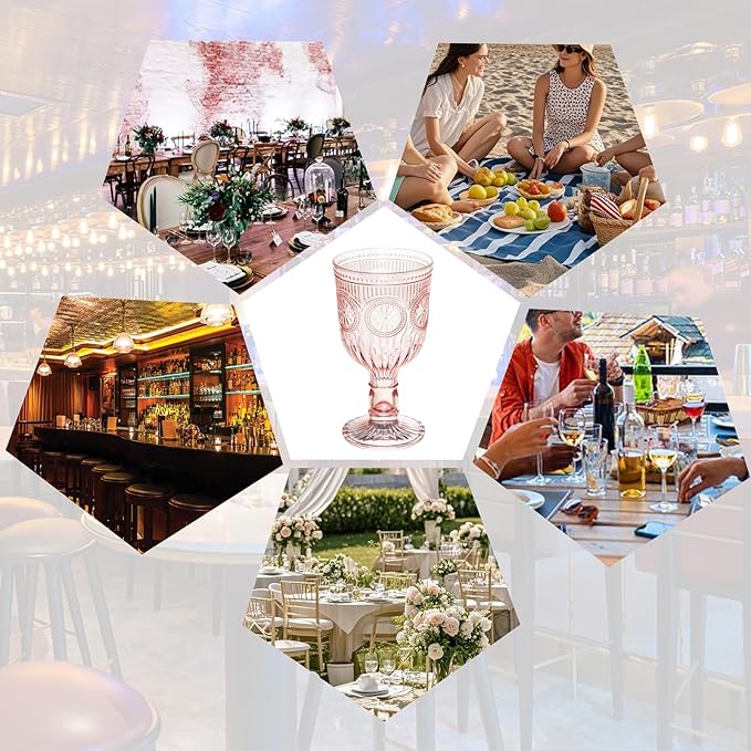 Pink 24 Pack Vintage Wine Glasses, Plastic Reusable 12 Ounce Colored Water Goblets, Unique Flower Embossed Pattern Unbreakable Stemmed Wine Glasses High Clear Wedding Party Bar Drinking Cups