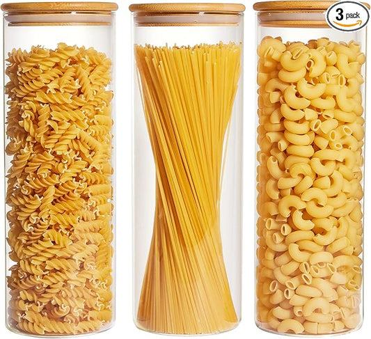 Vtopmart 70oz Glass Food Storage Jars, 3 Pack Large Kitchen Containers with Airtight Bamboo Lids for Pasta, Nuts, Flour, Canisters Set for Cereal, Pantry Organization, BPA Free