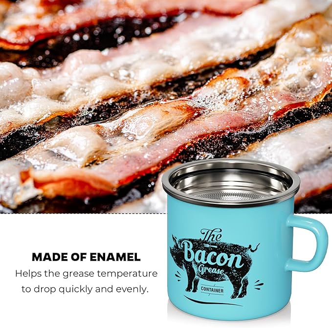 PGYARD Mini Bacon Grease Container With Strainer - 15OZ Enamel Grease Saver, Farmhouse Bacon Grease Keeper For Kitchen Fat Storage, Dishwasher Safe-Light Blue