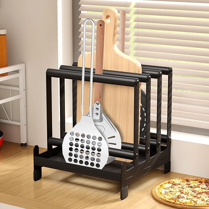 Pizza Peel Rack Steel 4 Available Slots Pizza Paddle Holder Rack with Non-Slip Feet for Pizza Spatula Turner Storage Organizing and Saving Space Pizza Turning Oven Accessories Black