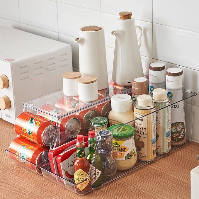 Prsildan Large Soda Can Organizer with Lid, Rolling Soda Dispenser for Refrigerator, Clear Acrylic Drink Dispenser for Fridge Organizer Bins - Stackable Pantry Storage - Holds 12 Cans Each - 2 Pack