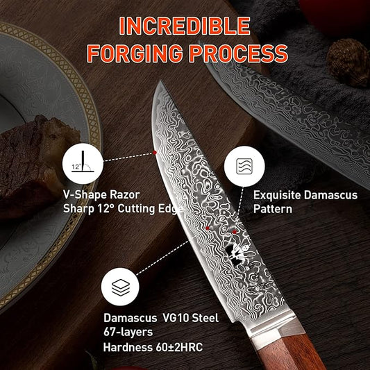 Steak Knives Set of 4 with In-Drawer Knife Block, 5 inch Damascus Steak Knife Set VG-10 Damascus Super Steel 67-Layer Non Serrated Steak Knives with Natural Wood Handle, Gift Box