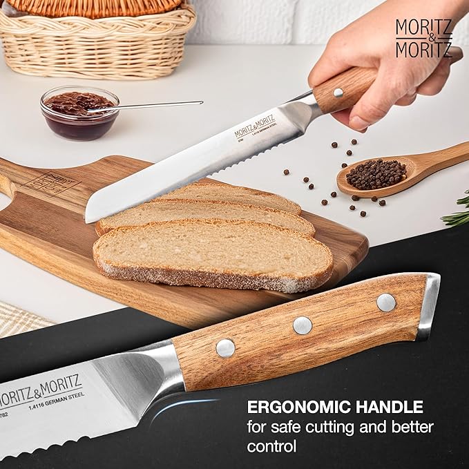 Moritz & Moritz 8-Inch Serrated Bread Knife β Professional Kitchen Bread Knife for Homemade Bread, Baguettes, Pastries & Cakes β Sharp German Stainless Steel Blade with Ergonomic Acacia Wood Handle