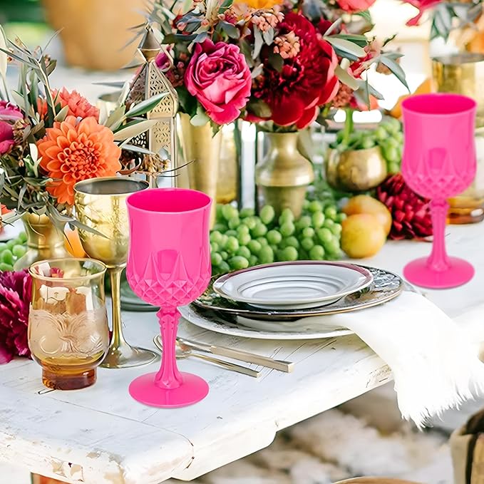 Plastic Vintage Wine Glasses 7OZ Plastic Goblets Vintage Drinking Glasses 24PCS Retro Wedding Glassware Water Goblets Reusable Drinking Cups for Party,Reception,Celebration,Bar,Whiskey(Rose Pink)