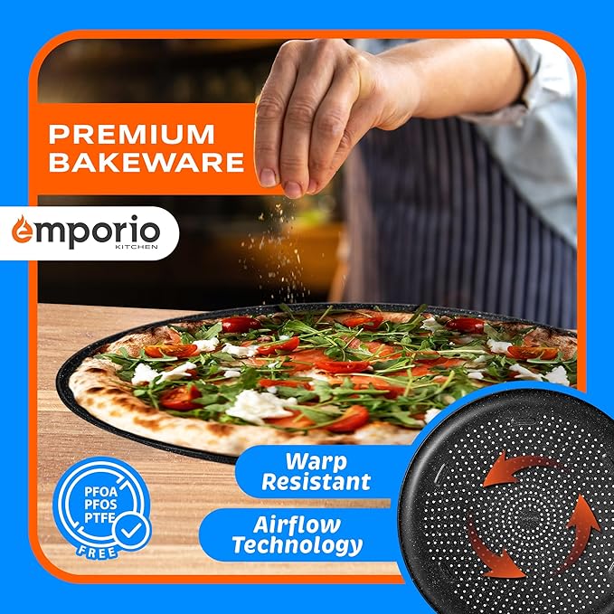 Pizza Baking Pan - 15.75-Inch Round Perforated Carbon Steel Tray with Non-Stick Gray Marble Coating, Airflow Design, Dishwasher & Oven Safe (Up to 450°F), PFOA, PFOS, PTFE-Free, Gray